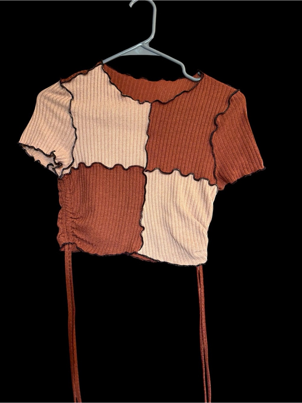 SHEIN Brown & Cream Patchwork Ribbed Crop Top